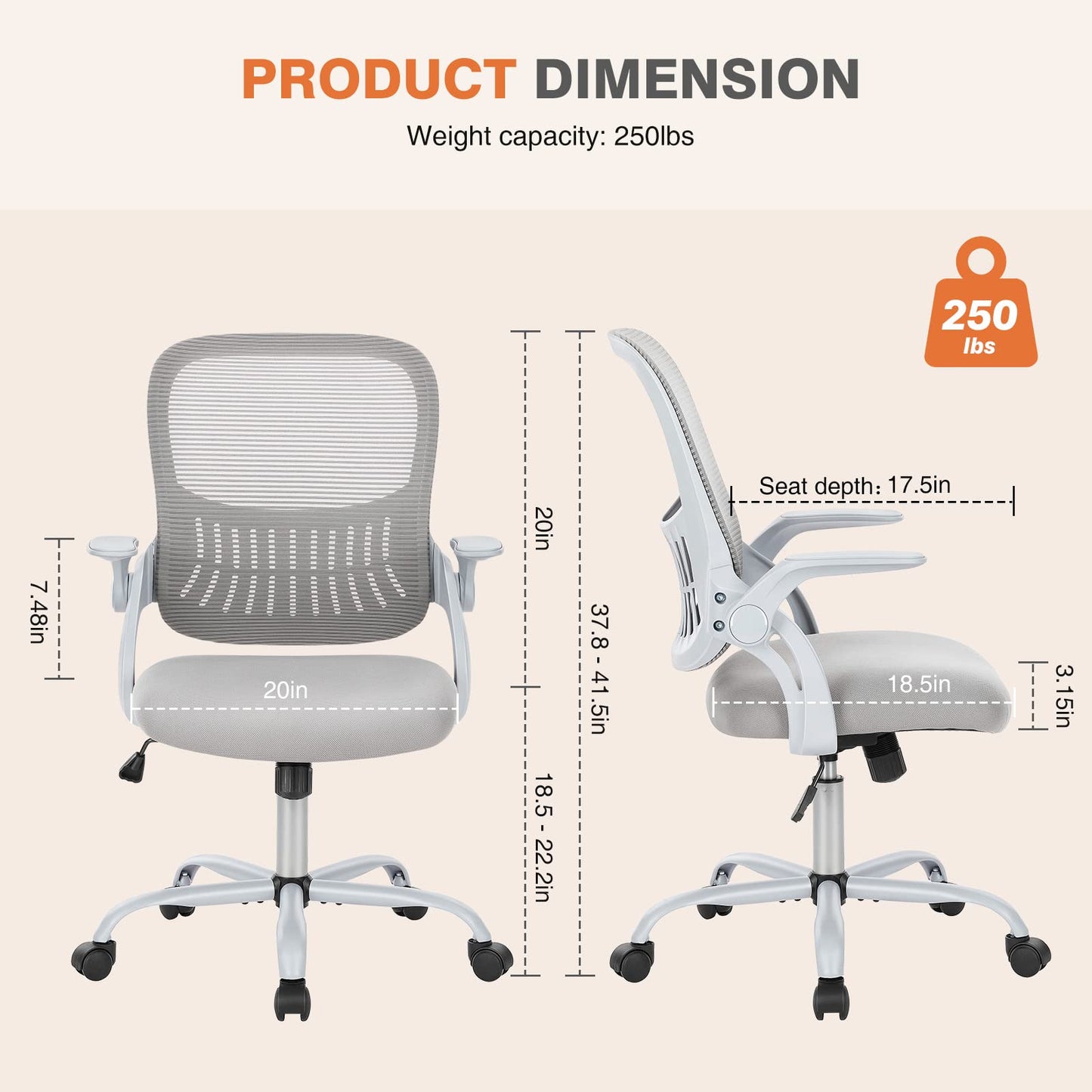 Sweetcrispy Bürostuhl Ergonomisch, Schreibtischstuhl mit Lendenwirbelstütze, Höhenverstellbarkeit Stuhl, Bürostühle mit Armlehne, Office Chair Geeignet für Büro und Schlafzimmer, Grau