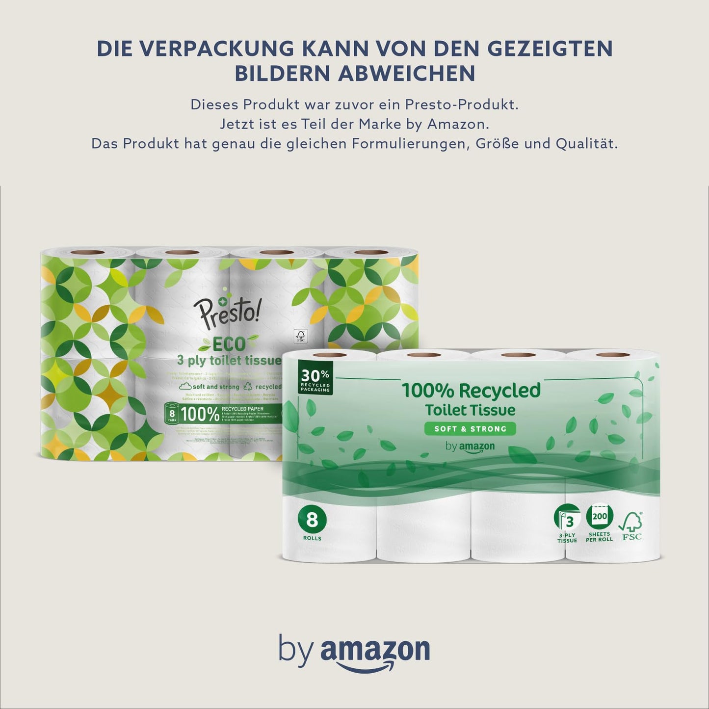 by Amazon Toilettenpapier, 3-lagig 100 % Recycelt, Weich und Stabil, 48 Rollen (8 Rollen, 6-er Pack), 200 Blätter pro Rolle, FSC-Zertifiziert