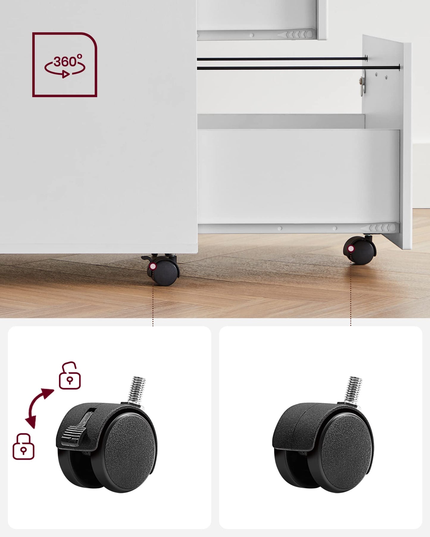VASAGLE Rollcontainer, abschließbar, Aktenschrank mit 2 Schubladen, 5 Rollen und Verstellbarer Hängeregistratur, strukturierte Oberfläche, für Dokumente im A4- und Letter-Format, weiß LCD22WV1