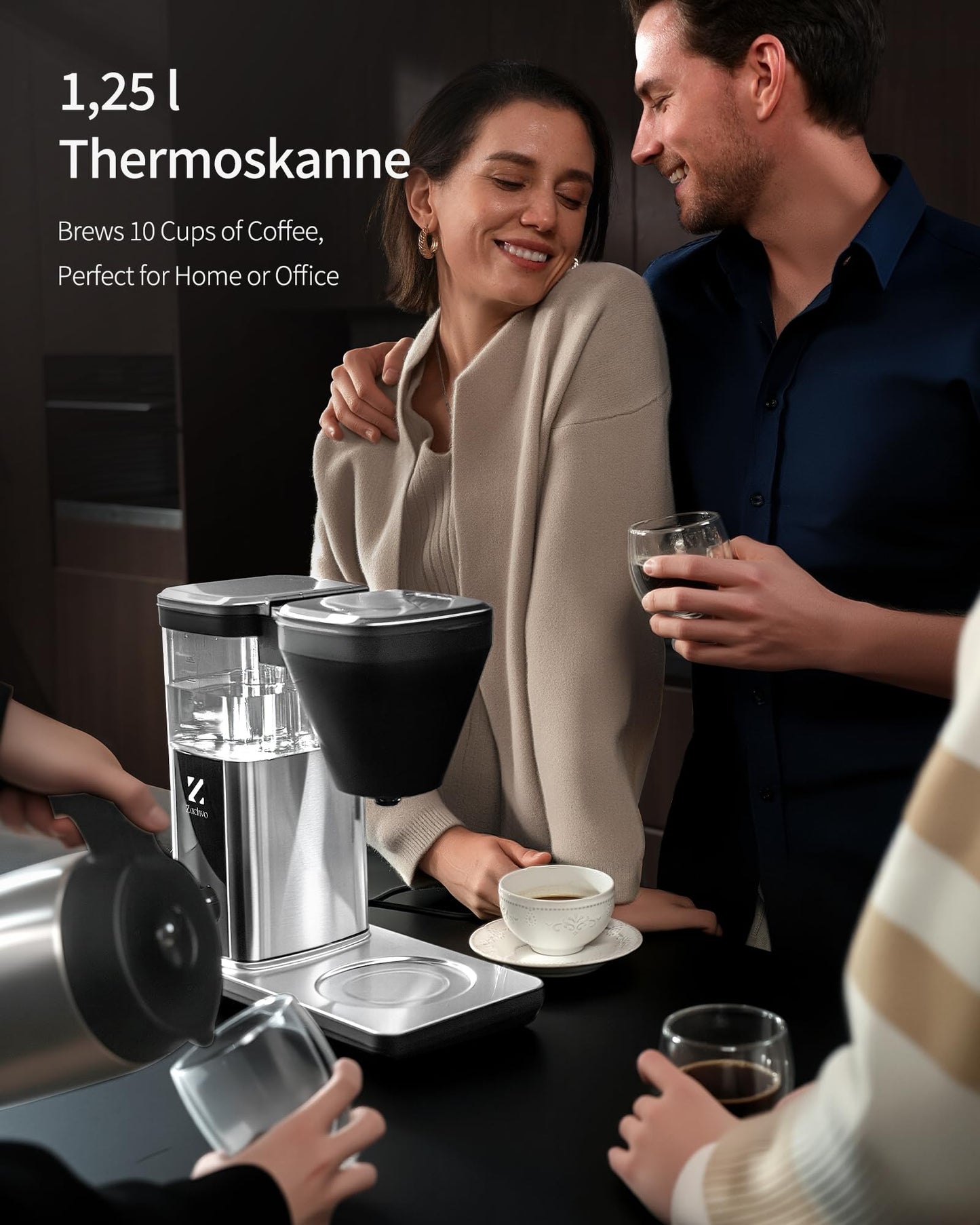 ZACHVO Filterkaffeemaschine mit 1.25L thermoskanne, kaffeemaschine für bis zu 10 Tassen, Permanentfilter, Fropf Stopp, Auto Abschaltung, BPA frei, 4,5 Minuten schnelle Kaffeezubereitung, 1550W