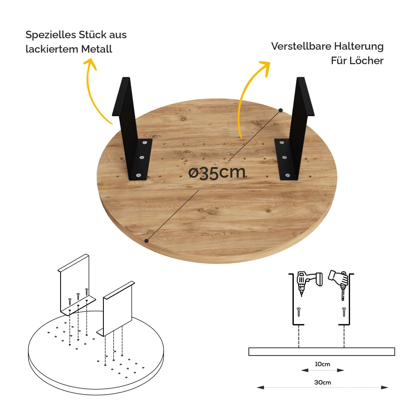 sugodesign Couch-Tablett Armlehne, Einstellbarer Sofa-Tablett, Getränkehalter, spezielles Design praktischer Metallhalterung, Sitzgarnitur Ablage, Durchmesser ⌀ 35 cm (Holz-Optik)