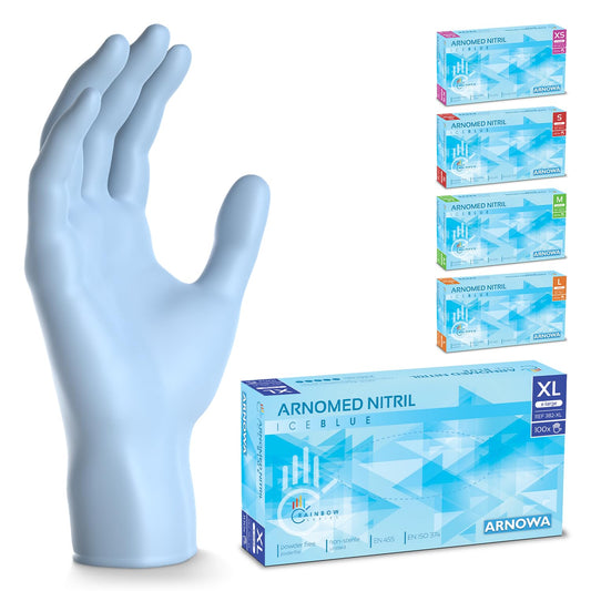ARNOMED Einweghandschuhe Hellblau 100 Stück/Box, Nitrilhandschuhe XL, Einmalhandschuhe, Handschuhe Einweg puderfrei, latexfreie Gummihandschuhe, Einweghandschuhe in XS, S, M, L & XL verfügbar