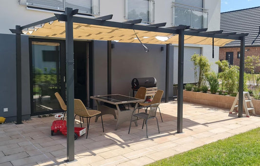 PURPLE LEAF Pergola Aluminium, 3.65 X 5.5 M Wasserdicht Stabil Winterfest Pergola, Gartenpavillon Mit Sonnenschutz Überdachung, Beige