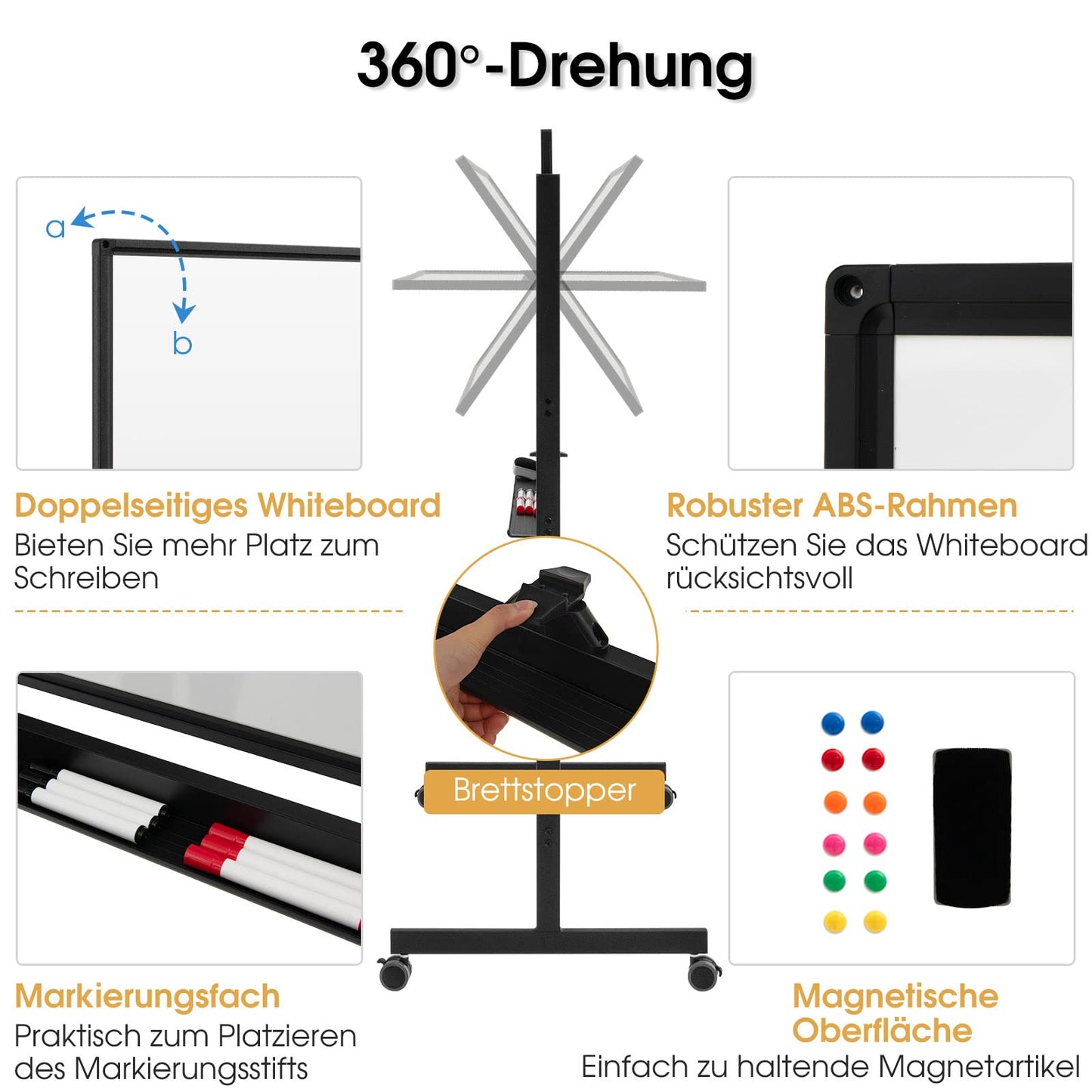 GOPLUS Whiteboard magnetisch mit Ständer, doppelseitiges Whiteboard mit Zubehör Set, Trocken abwischbar, mobiles Whiteboard höhenverstellbar, für Schule, Büro, Zuhause (Schwarz, 120 x 60cm)