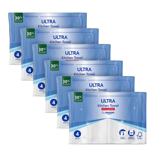 by Amazon ULTRA Küchenrolle, Extra Saugfähig, 24 Rollen (4 Rollen, 6-er Pack), 45 Blätter pro Rolle, Auswringen und Wiederverwenden, FSC-zertifiziert