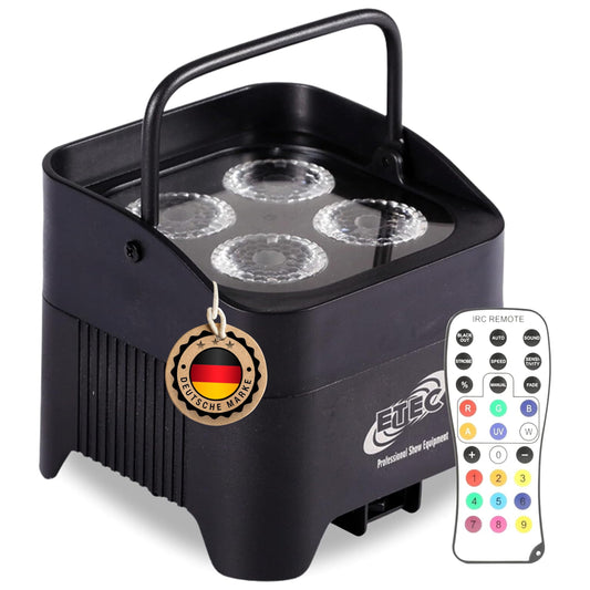 ETEC Professional Akku LED Par Scheinwerfer E412 mit 4x12W RGBWA+UV, Wireless DMX, Uplight, Floorspot, Disco, DJ, Party, Bühnenbeleuchtung - Funk Wifi Event Licht