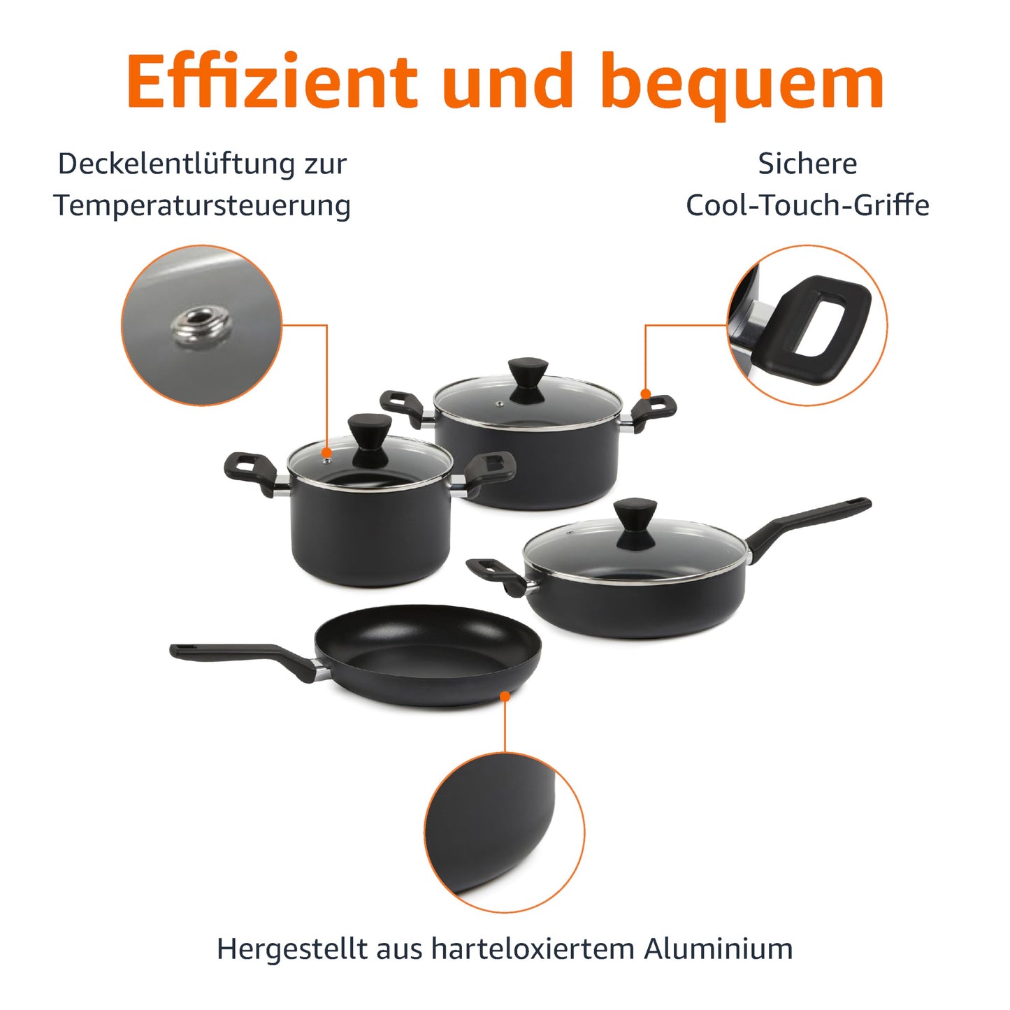Amazon Basics - 10-teilig Harteloxiertes, antihaftbeschichtetes, stapelbares Kochgeschirr-Set mit Töpfen und Pfannen platzsparend, PFOA-frei, Schwarz