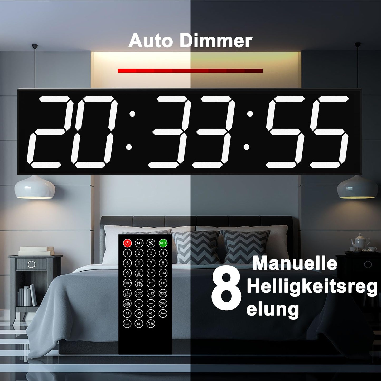 CHKOSDA Digitale Wanduhr, Übergroße LED-Digitaluhr mit automatischem Dimmer, großer Countdown-Timer mit Fernbedienung, 27in breites LED-Display, Wandhalterung, Datum und Temperatur (weiß)