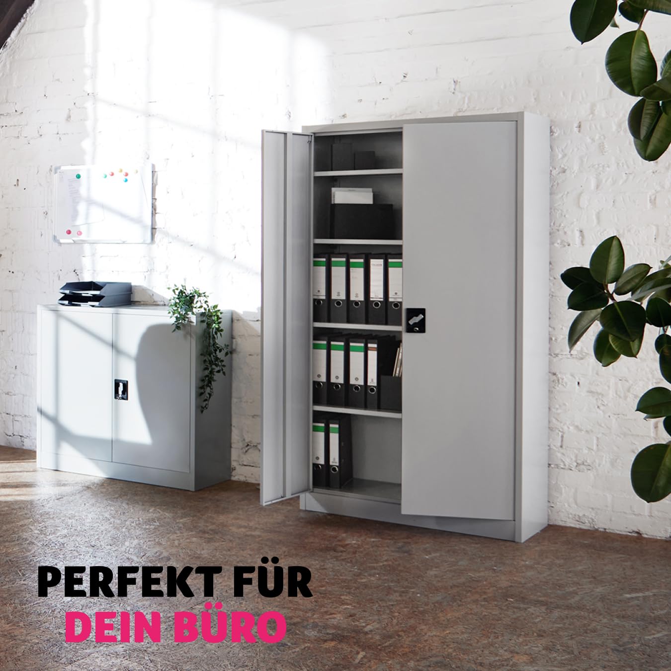 tectake Aktenschrank, Büroschrank abschließbar, Mehrzweckschrank aus Stahl, Allzweckschrank, mit 2 Türen, inkl. 3 höhenverstellbare Einlegeböden, 140x90x40 cm - grau