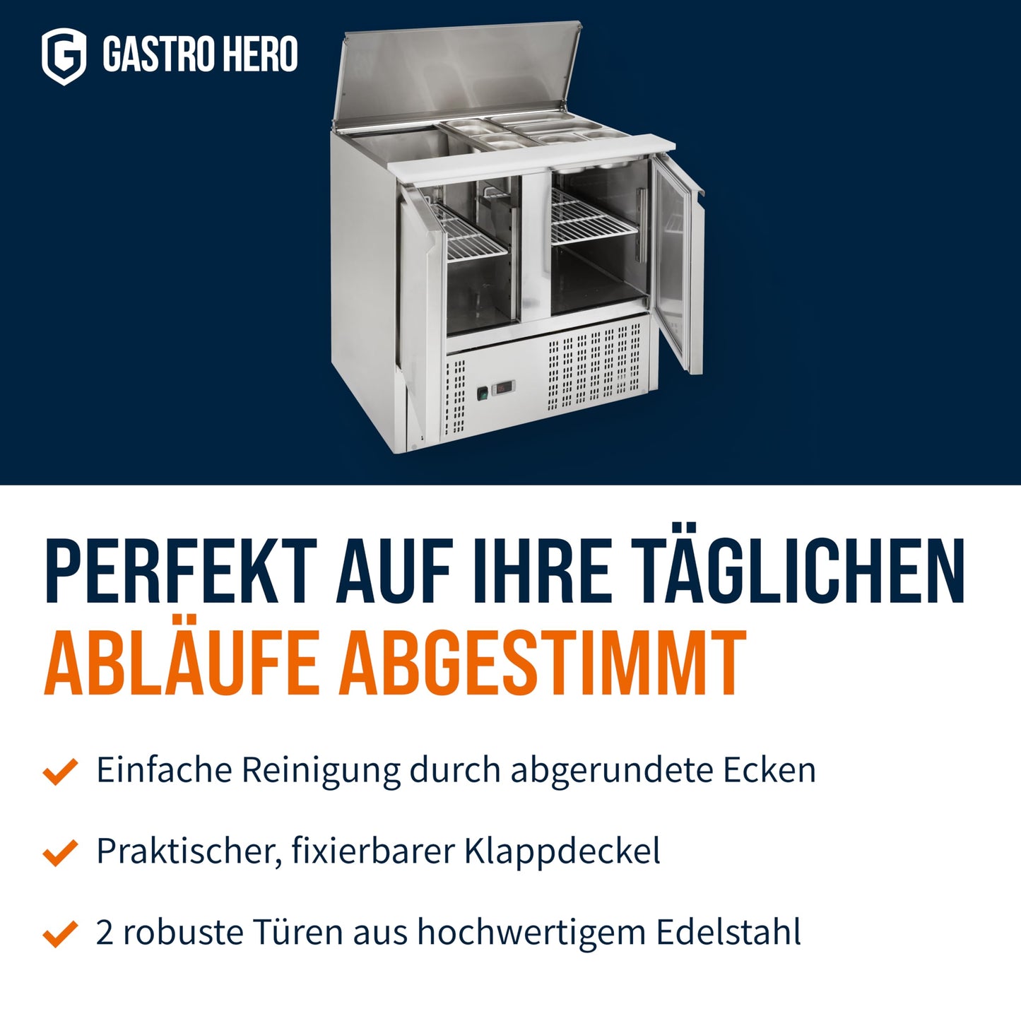 GastroHero Saladette Eco 900 – 240 Liter Kühlung, 2 Edelstahl-Türen, GN-Behältereinlass