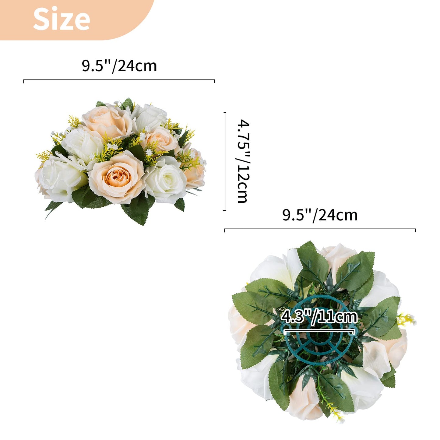 NUPTIO 2 Stück Künstliche Blumenstrauß, 15 Köpfe Kunststoff Rosen mit Sockel, Geeignet für Unser Geschäft Hochzeit Herzstück Blumenregal für Parteien Valentinstag Dekoration(Champagner & Weiß)
