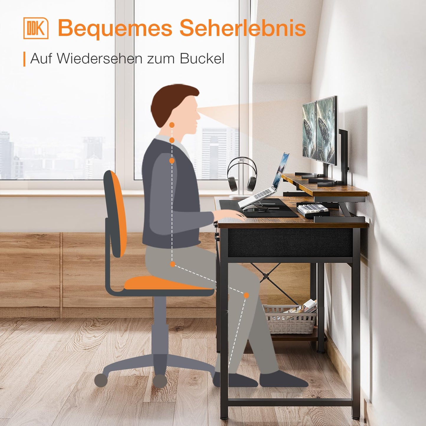 ODK Schreibtisch mit 2 Schubladen, Computertisch mit Regalen und Monitorständer, Bürotisch mit Bücherregal, Computertisch Klein PC-Tisch Officetisch für Home Office, 120x50x87cm, Rustikales Braun