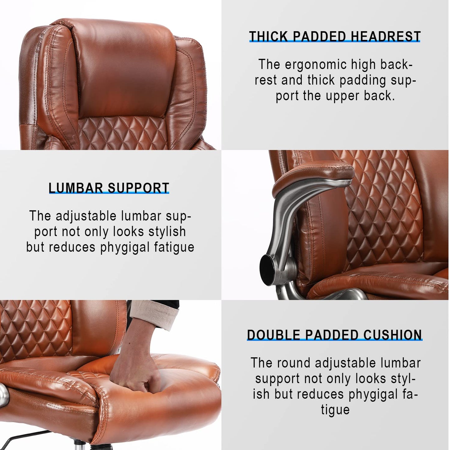 KCREAM Bürostuhl Computer hohe Rückenlehne verstellbare Flip-up-Armlehnen Ergonomischer Schreibtischstuhl Executive Diamond-Stitched PU Leder Swivel Task Chair mit Armlehnen Lendenwirbelstütze