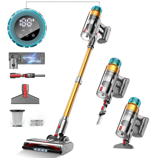Akku Staubsauger Kabellos 55Mins Laufzeit, Wandmontierte Ladestation, Akkustaubsauger Cordless Vacuum Cleaner mit Smart Display Anti-Verhedderung-Bürste für Teppich Hartboden Tierhaare
