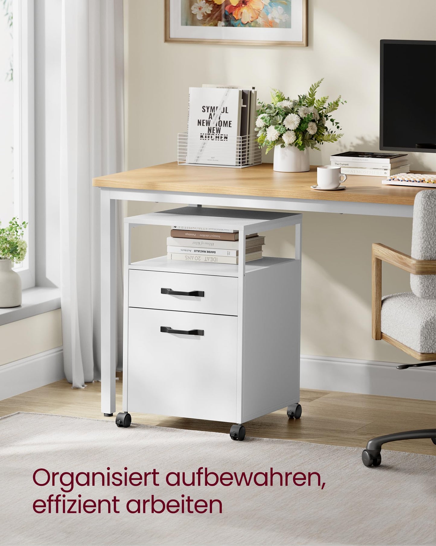 VASAGLE Rollcontainer, Aktenschrank mit 2 Schubladen, mobiler Büroschrank mit Rädern, offenes Fach, Hängeregistratur, Stahlgestell, modern, wolkenweiß OFC071W14