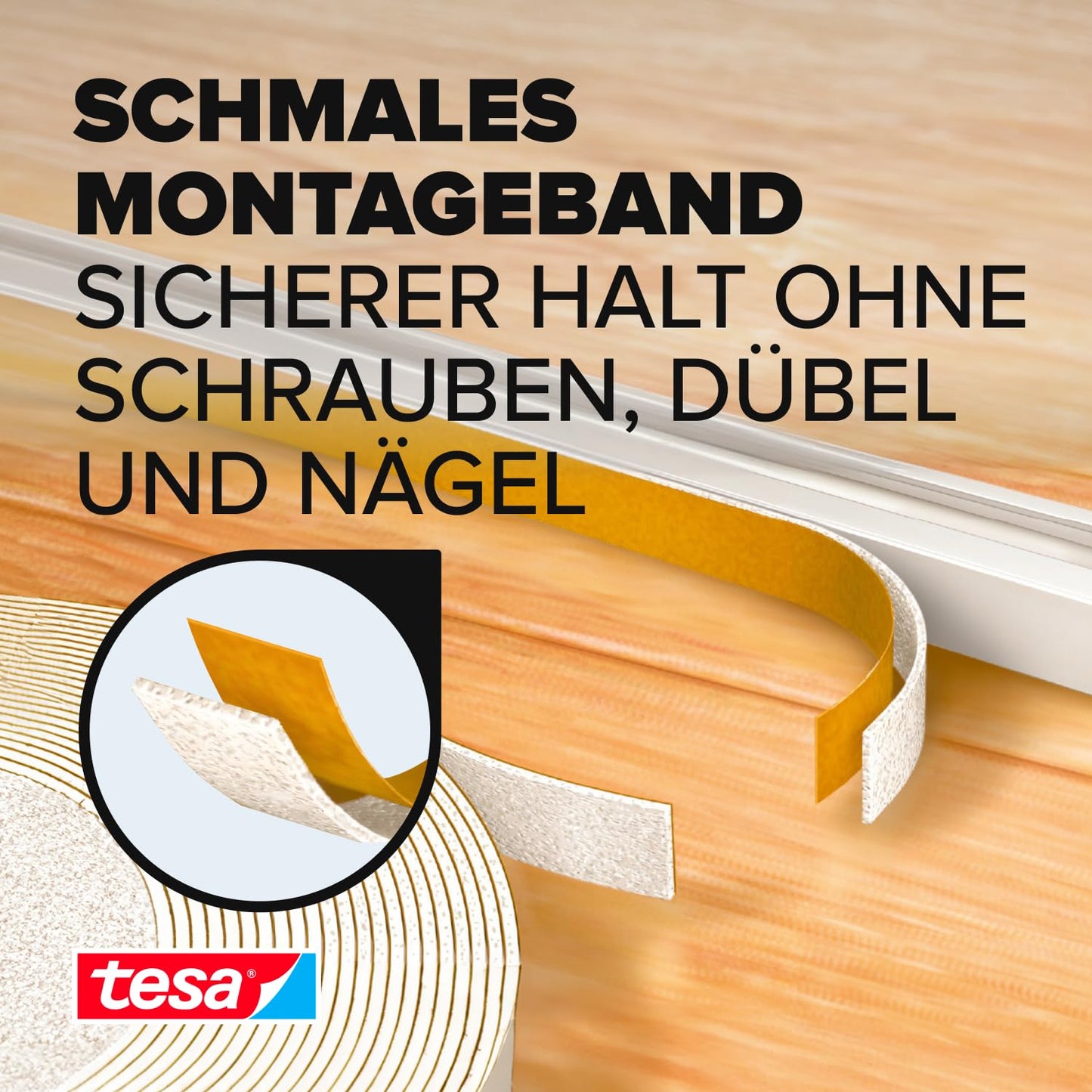 tesa Powerbond Montageband Schmal, 2 Stück - extra schmales Montageklebeband aus Schaumstoff, doppelseitig klebend - beige, 5 m x 9 mm - 2 Rollen