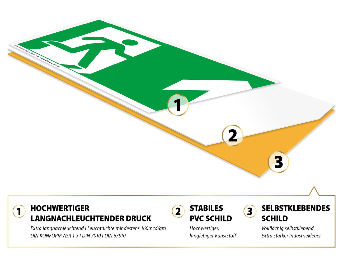 Schild Notausgang | extra langnachleuchtend | PVC selbstklebend 297x148mm | gemäß ASR A1.3 DIN 7010 DIN 67510 | Notausgangsschild Pfeil nach unten | Fluchtwegschild Rettungsweg | Dreifke® extra 160