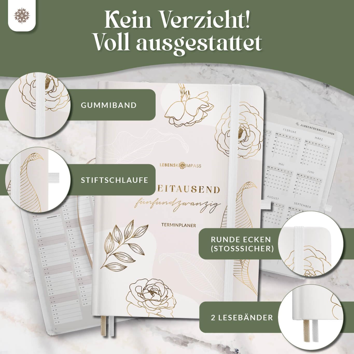 Lebenskompass Kalender 2025 Buchkalender A5 "ROSENBLATT" - Schöner Wochenkalender & Terminplaner 2025 - stabiles Hardcover - Taschenkalender 2025 - Buchkalender A5 + Viele Extras