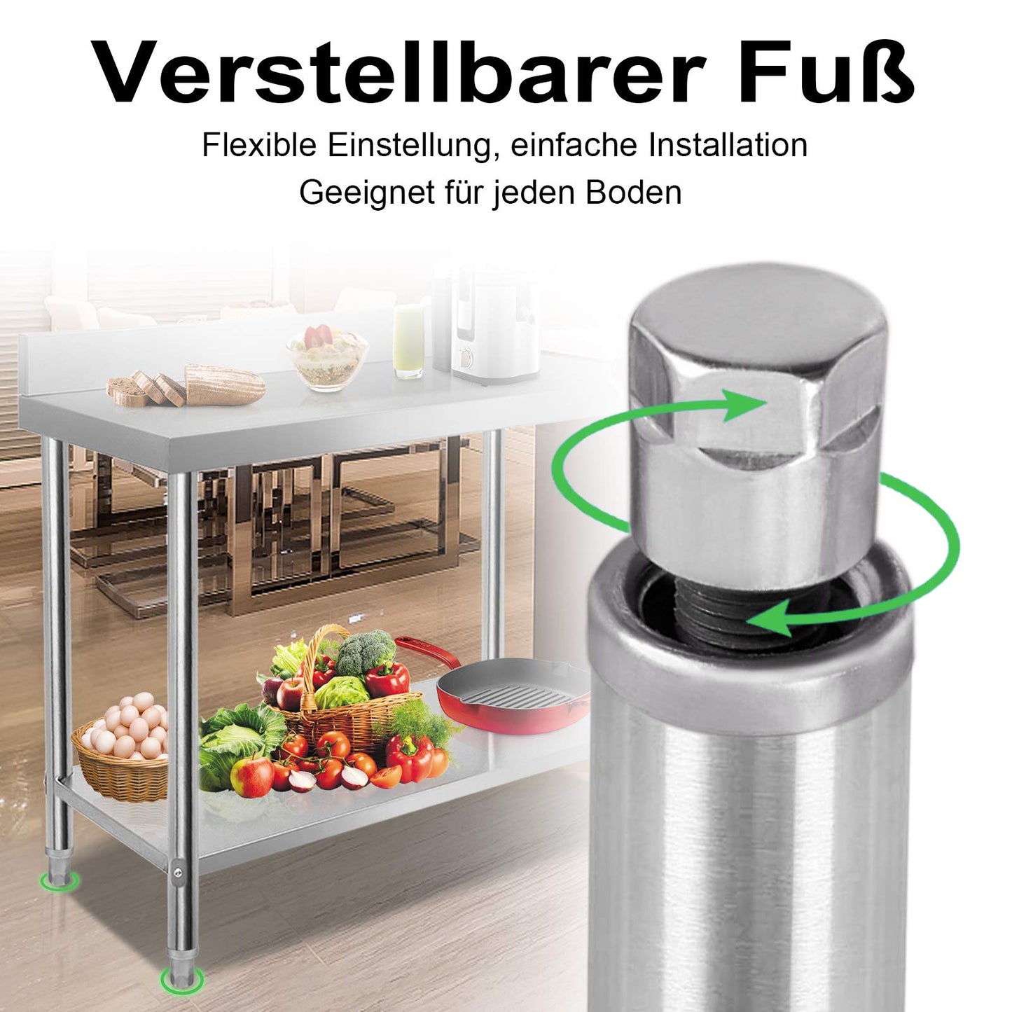 VA-Cerulean Edelstahltisch Edelstahl Arbeitstisch mit Verstellbare Füße Gastro Tisch Zubereitungstisch Zerlegetisch Küchenmöbel für Restaurant Bar, Silber(mit Aufkantung, 120x60x85cm)