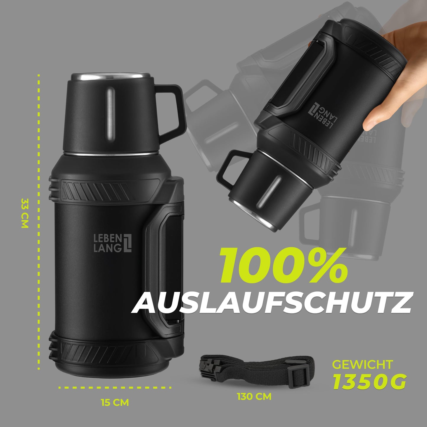 LEBENLANG Thermosflasche 2,5 Liter - 24h Heiß Inkl. Becher, Teesieb, Tragegurt I Trinkflasche Thermobecher 2 5 Liter Thermoskanne I Getränkeflasche Edelstahl Thermusteekanne Isolierflasche Thermo Cup