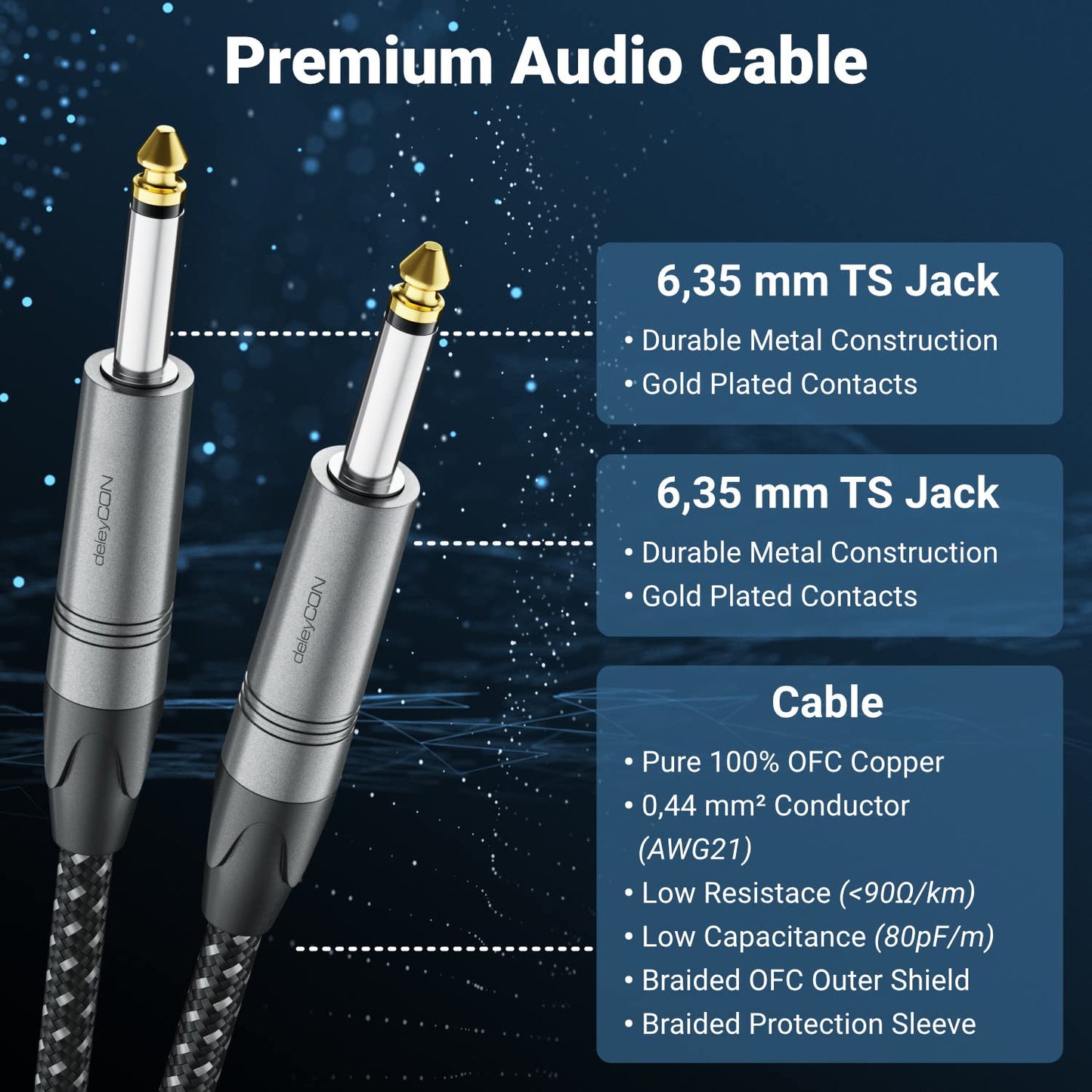 deleyCON 15m Instrumentenkabel 6,35mm auf 6,35mm Klinke Mono AUX - Studio Qualität - aus reinem OFC Kupfer (AWG24) - Klinkenkabel für E-Gitarre Bass Verstärker Mixer Keyboard