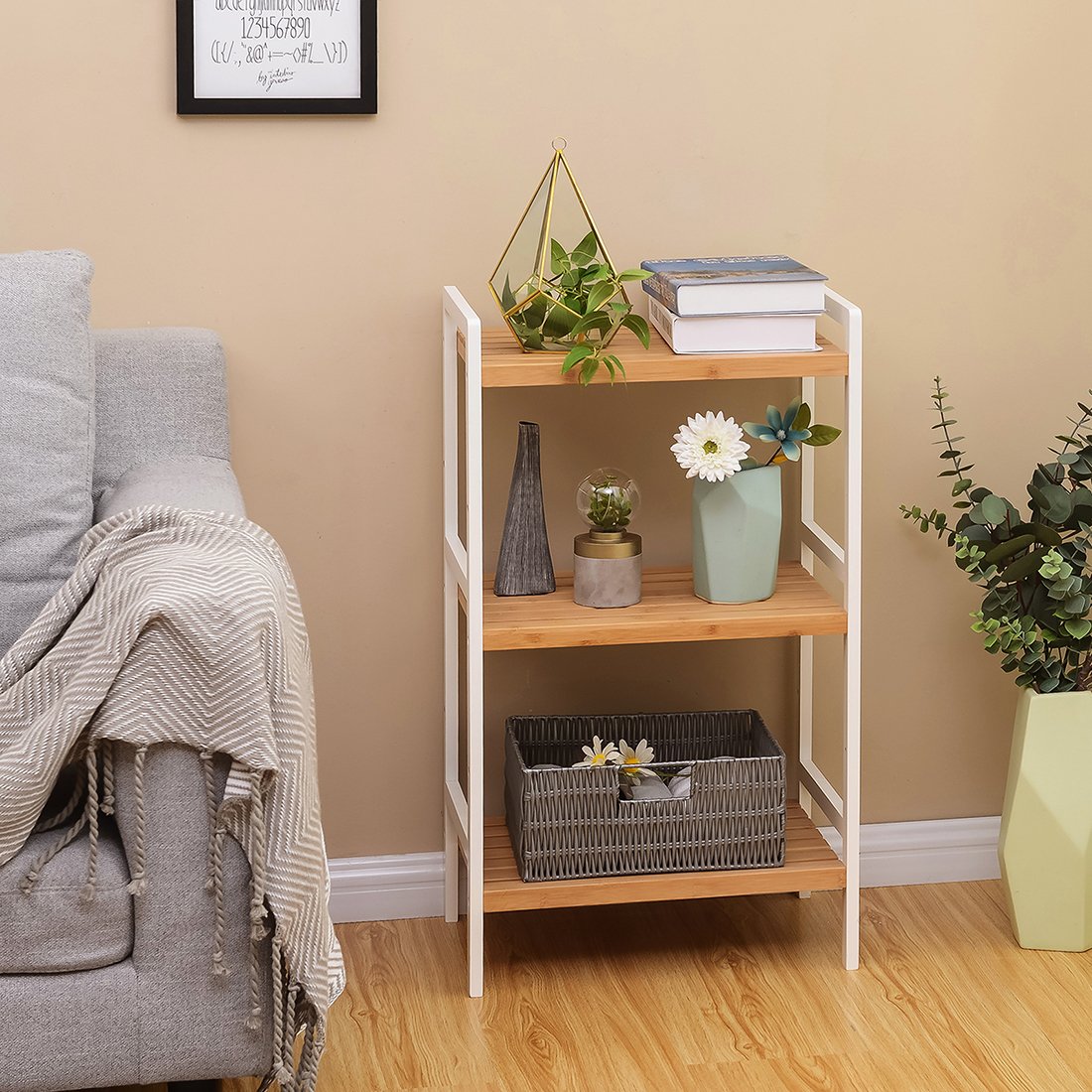 SONGMICS Bambusregal, Küchenregal, Badregal, Bücherregal, Standregal mit 3 Ablagen, 31,5 x 45 x 80 cm, für Bad, Küche, Wohnzimmer, Schlafzimmer, Balkon, naturfarben-weiß BCB73Y