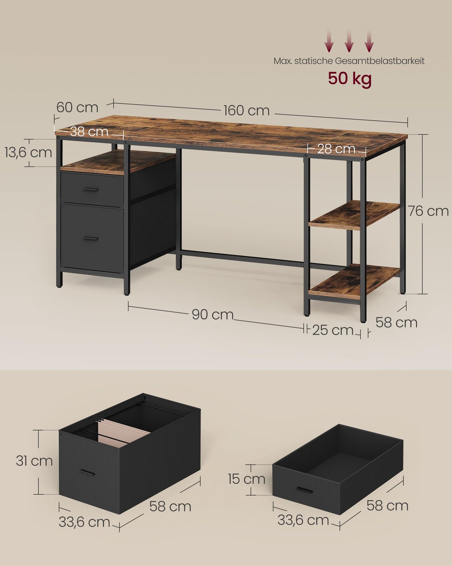 VASAGLE Computertisch, Bürotisch, Schreibtisch, mit 3 Ablagen, 2 Schubladen, 160 x 60 x 76 cm, fürs Büro, Wohnzimmer, Industrie-Stil, vintagebraun-schwarz LWD105K01