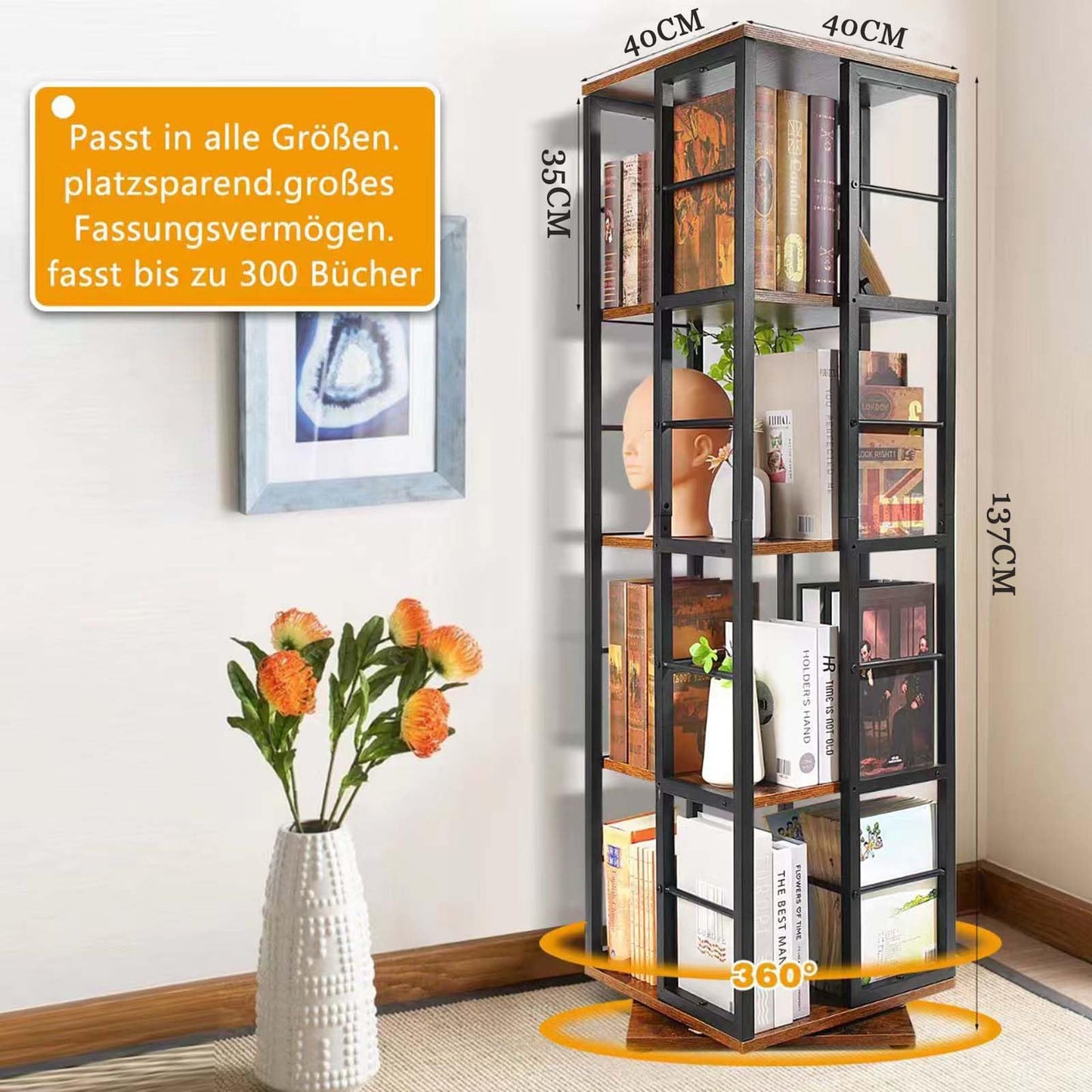 Nivadeui Drehbares Bücherregal 5 Etagen Schwarz, 360° Drehbarer Holzregal, Freistehendes Standregal für Wohnzimmer und Schlafzimmer