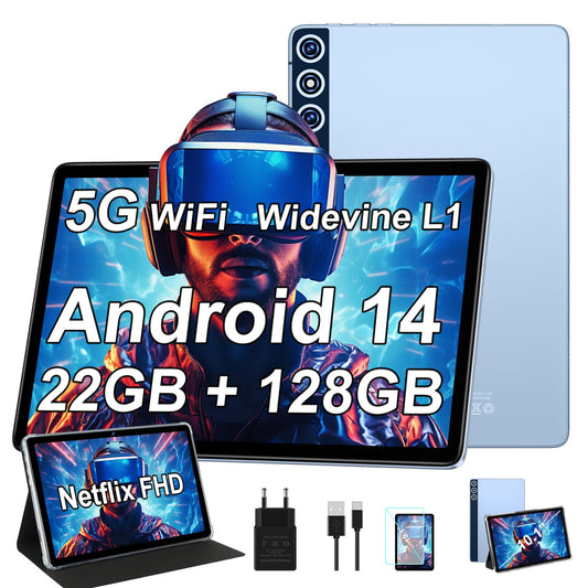 ZIOVO Tablet 10 Zoll mit 22GB RAM+128GB ROM (1TB TF), Android 14 Tablet mit 5G WLAN | Widevine L1 | Octa-Core 2.0 GHz | GMS | 8000mAh | FHD 1280 * 800 | 5+8MP | BT 5.0 | AGPS | Tablet mit Case - Blau