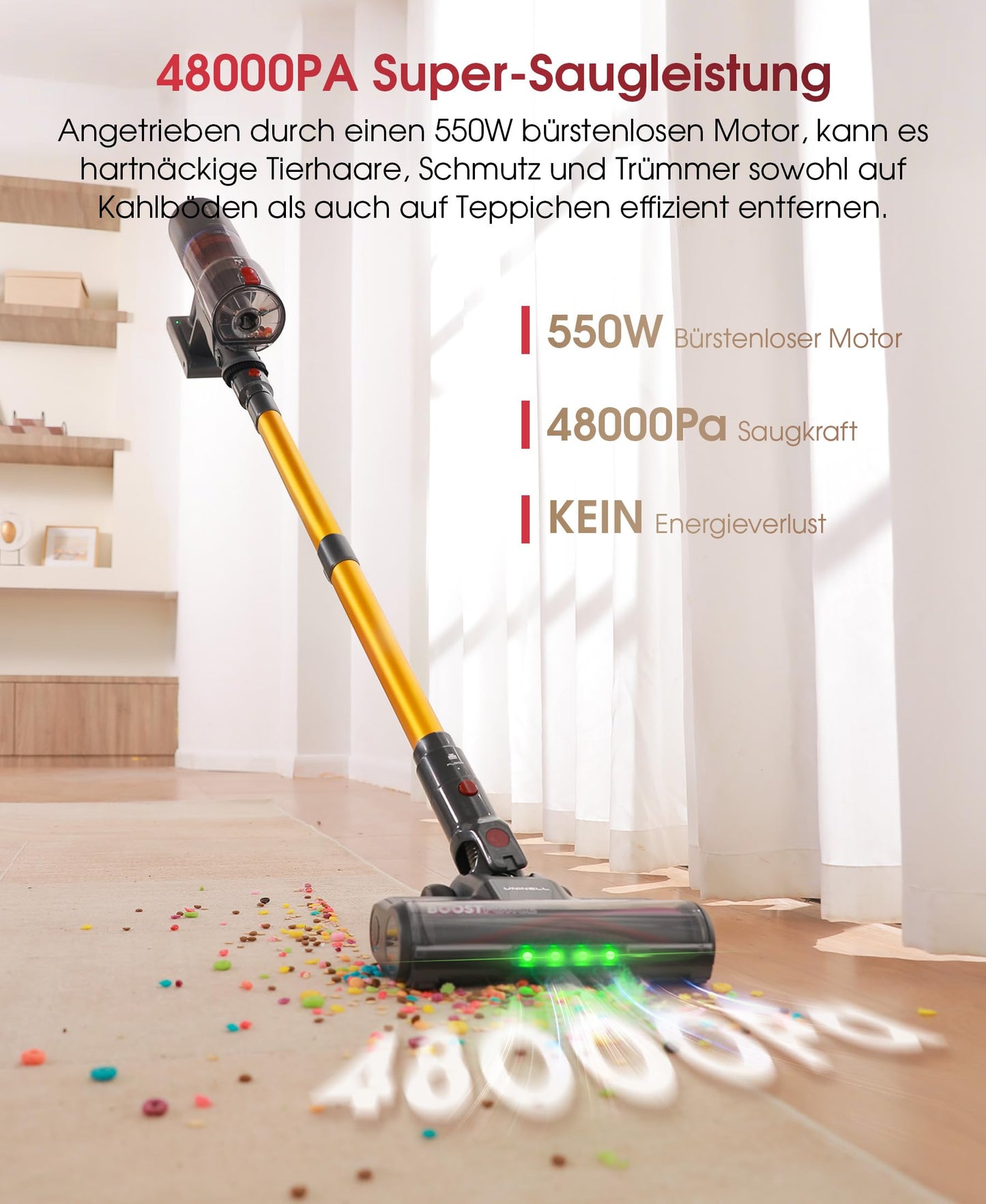 UNINELL HOME Akku Staubsauger,48000Pa/550W/65Mins Staubsauger Kabellos mit Selbststehende,1.6L Akkustaubsauger mit Anti-Tangle-Bürste,LED Touchscreen,Super Leise für Hartböden Teppiche Tierhaare Auto