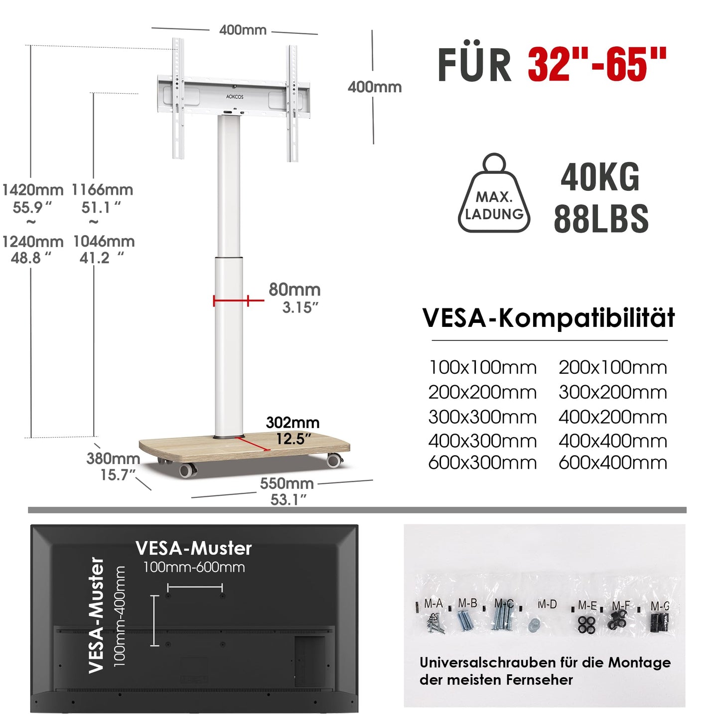 AOKCOS TV Ständer Rollbar mit Holzablage, Fernsehständer auf Rollen für 32-65 Zoll Fernseher, TV Bodenständer Höhenverstellbar Schwenkbar, bis 40 kg Max. VESA 400x400mm (Weiß+Natur)