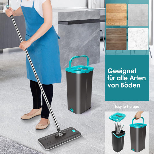 Myiosus Wischmopp Set mit Eimer, Bodenwischer, Flach Wischer Boden mit 140 cm Edelstahlgriff, 2 in 1 Putzeimer mit Wischmop, 360° Drehung, Mikrofaser Wischer mit Auswringfunktion für Alle Böden-6 Pads