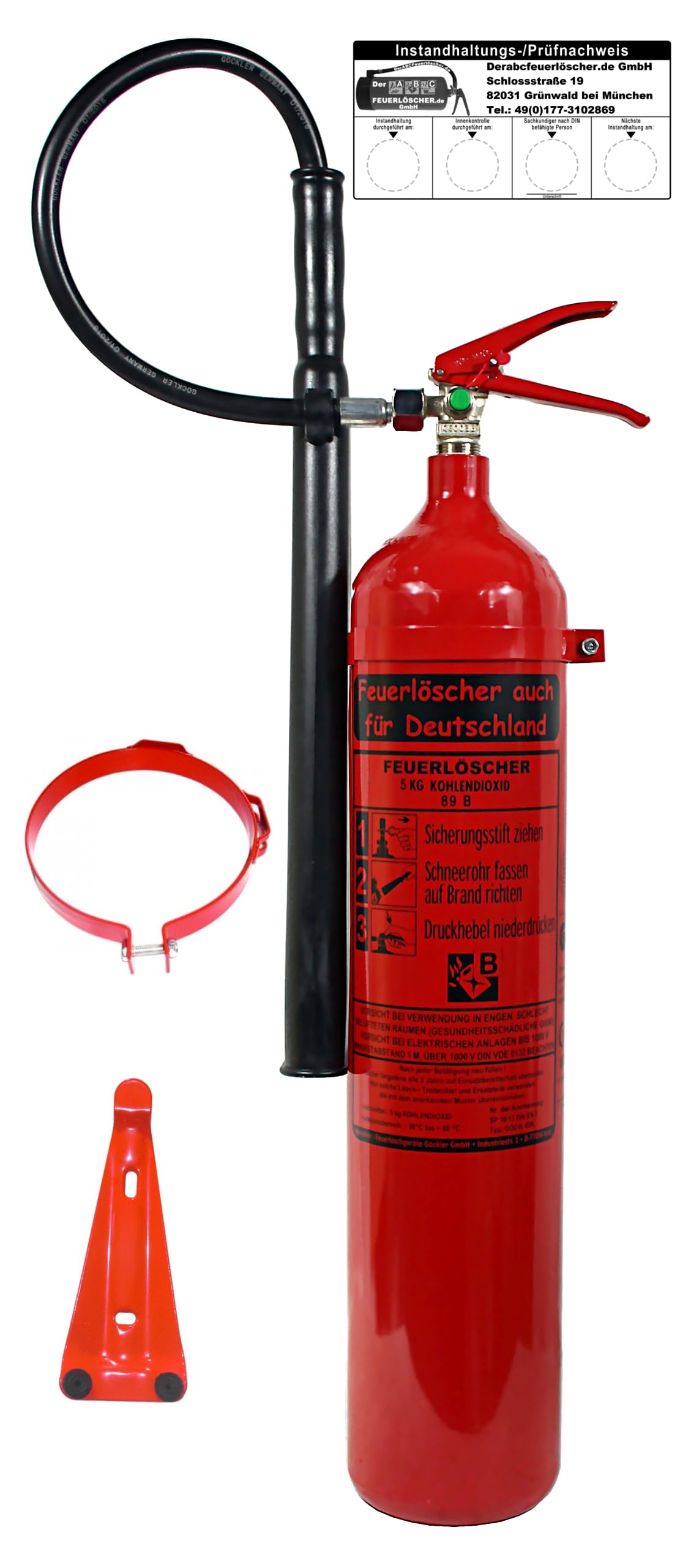 Brandengel® Feuerlöscher 5 kg CO2 Kohlendioxid DIN EN 3 GS, (Mit Prüfnachweis u. Jahresmarke) + Wandhalterung Messingarmatur Sicherheitsventil Kohlensäure Löscher für EDV Küche Haushalt Gastro Hotel