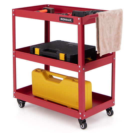 COSTWAY Werkstatt-Rollwagen mit 2 Etagen, Werkzeugwagen mit Handgriff, Werkstattwagen aus Metall, bis zu 100 kg belastbar, Montagewagen Etagenwagen für Zuhause, Garage, 85 x 41 x 79 cm (Rot)