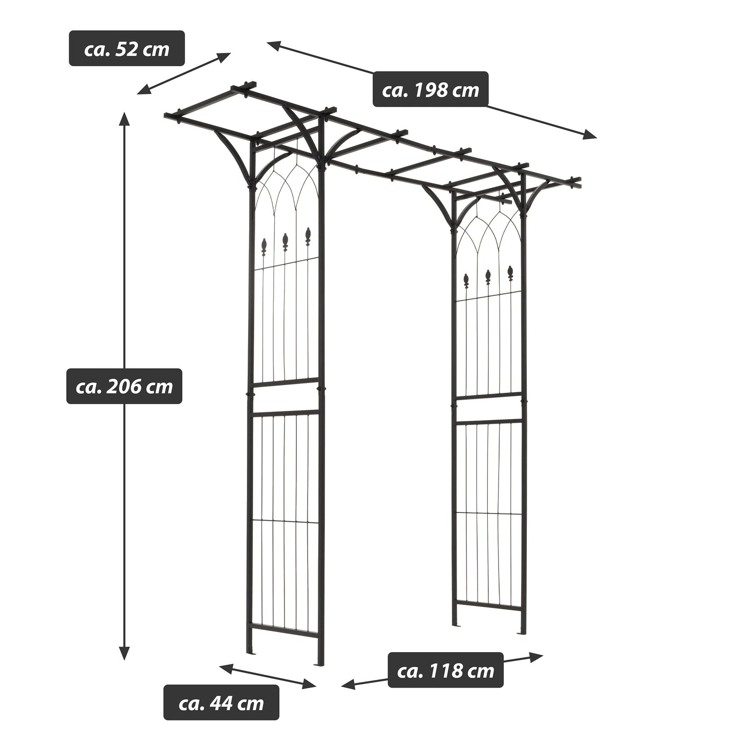 Nexos Trading Rosenbogen Torbogen Rankhilfe Pergola Spalier Tor Rosen Stahl 206x198x52 cm – Metall Durchgang – wetterfest freistehend stabil – schwarz