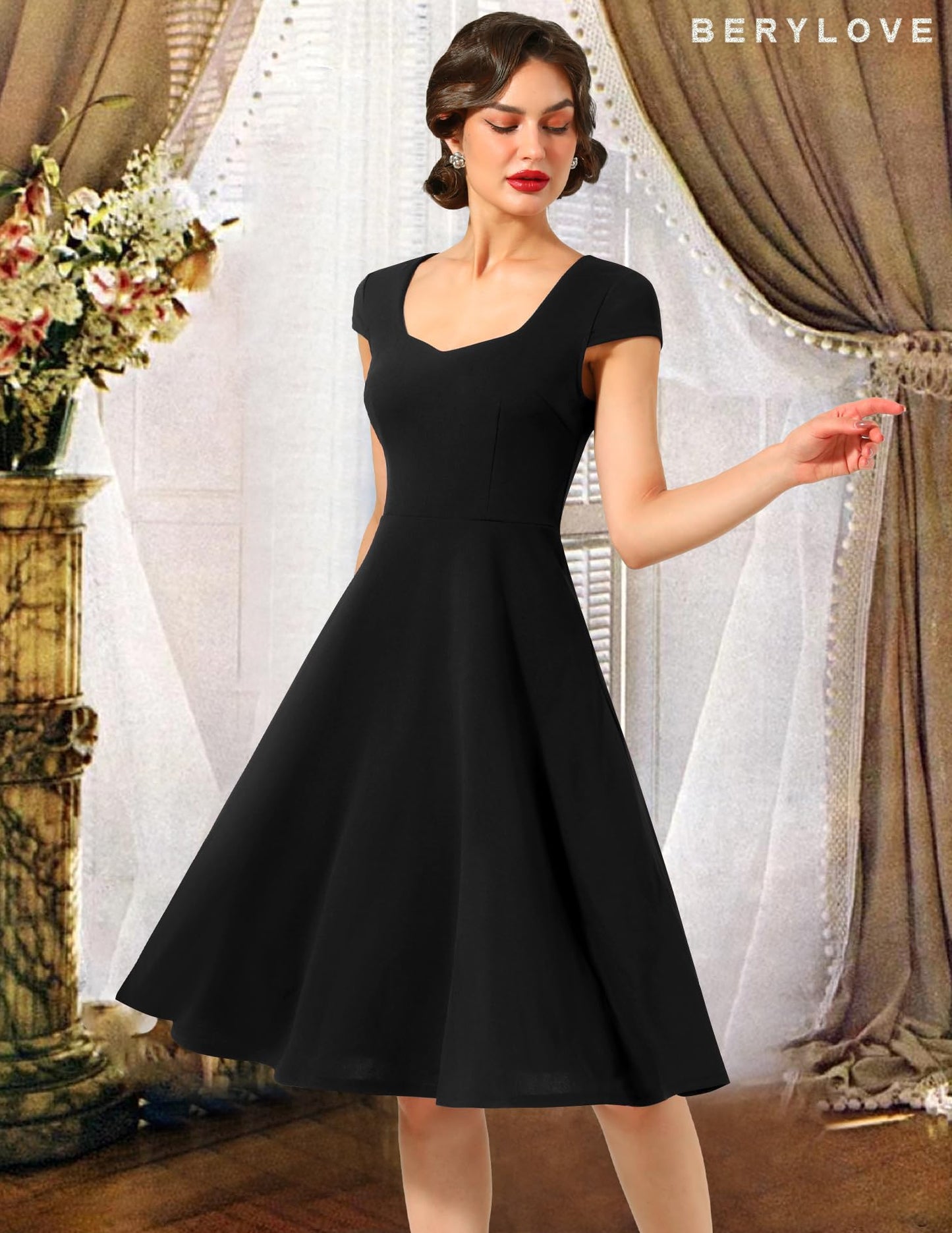 Berylove Rockabilly Kleider Cocktail Kleider für Damen Schwarzes Kleid Elegant Abendkleider Midi 8009 Black M