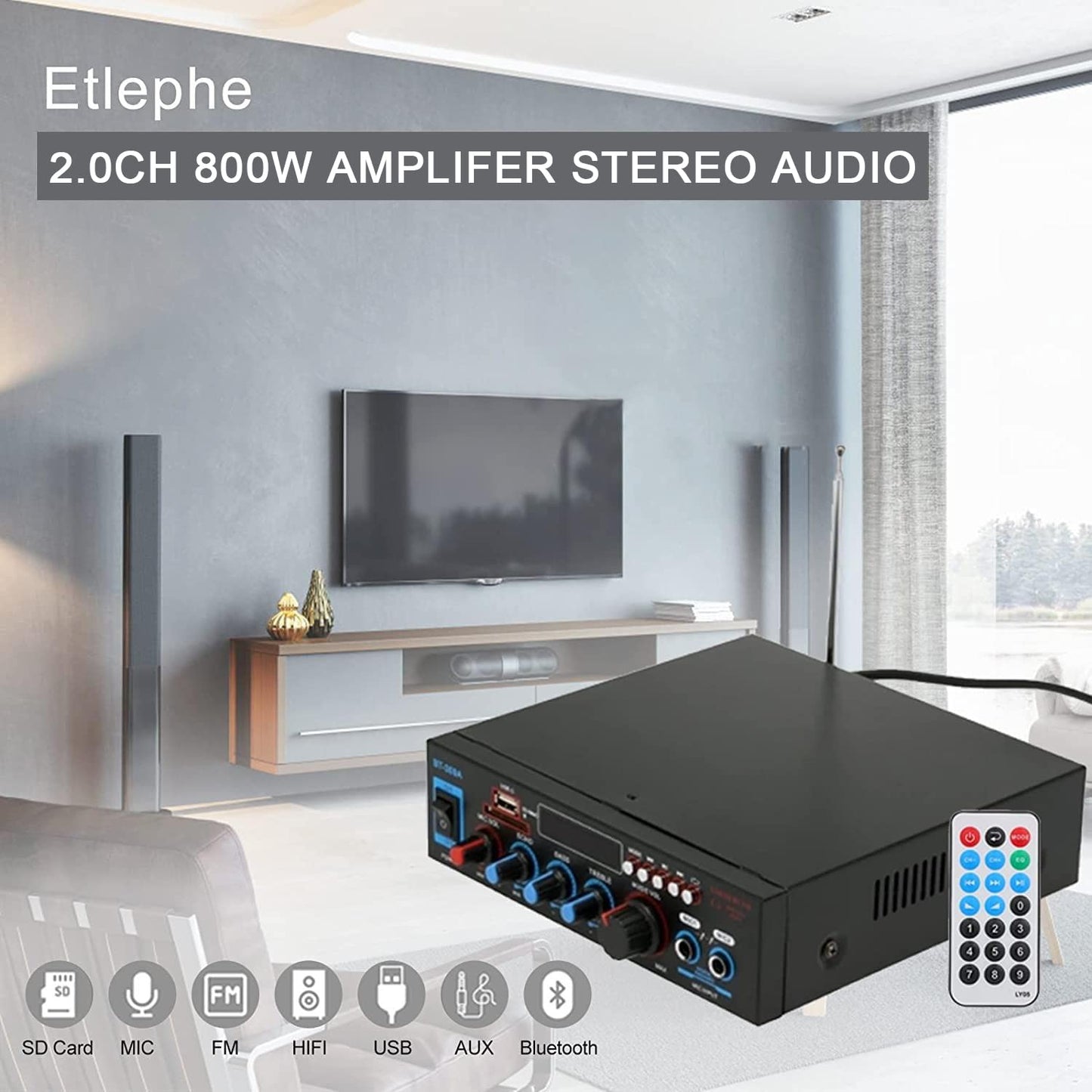 Etlephe Mini Verstärker, 800W Hi-Fi-Verstärker, Stereo-Verstärker Bluetooth 5.0, 12 V 220 V, UKW-Radio, tragbare SD-Karte/USB-Eingang/UKW-Radio für Zuhause oder Auto