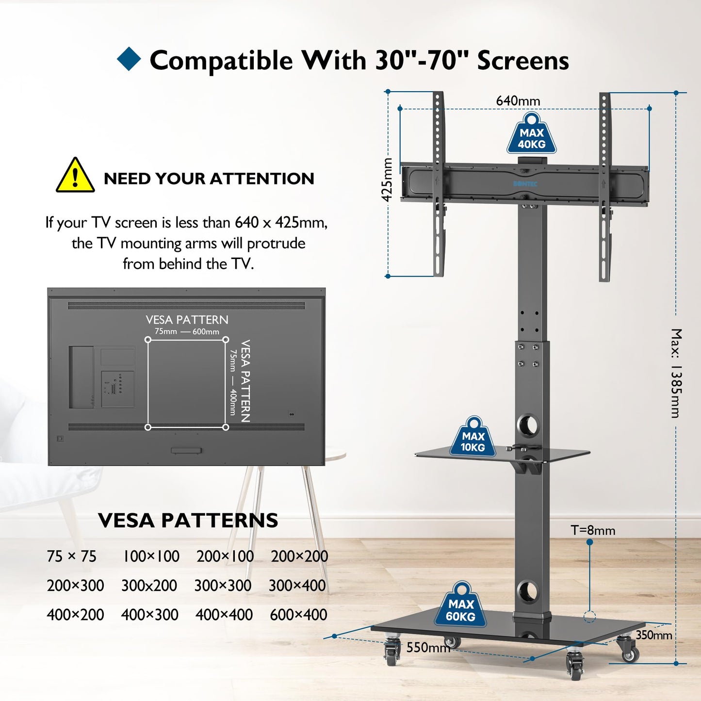 BONTEC TV-Ständer mit Rollen für 30-70 Zoll Plasma-/LCD-/LED-Bildschirme bis 40 kg, 6 Höhenverstellungen mit 2-stufigen Ablagen aus gehärtetem Glas, MAX VESA 600 x 400 mm