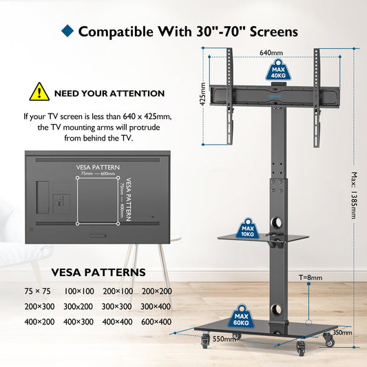 BONTEC TV-Ständer mit Rollen für 30-70 Zoll Plasma-/LCD-/LED-Bildschirme bis 40 kg, 6 Höhenverstellungen mit 2-stufigen Ablagen aus gehärtetem Glas, MAX VESA 600 x 400 mm