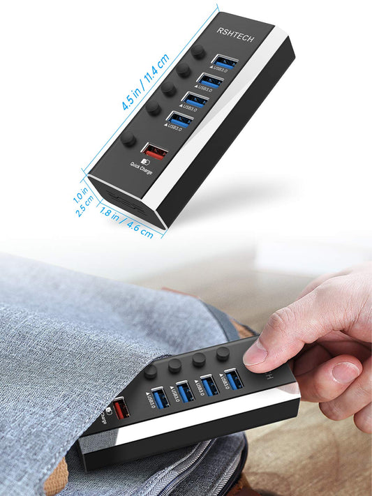 RSHTECH Aluminium USB Hub Aktiv 3.0 mit 24W Netzteil, mit 1*Schnellladeanschluss, 4*USB 3.0 Datenanschlüssen, 5-Port USB Verteiler mit 12V/2A Netzteil, für Aufladen und Datenübertragung, RSH-A35