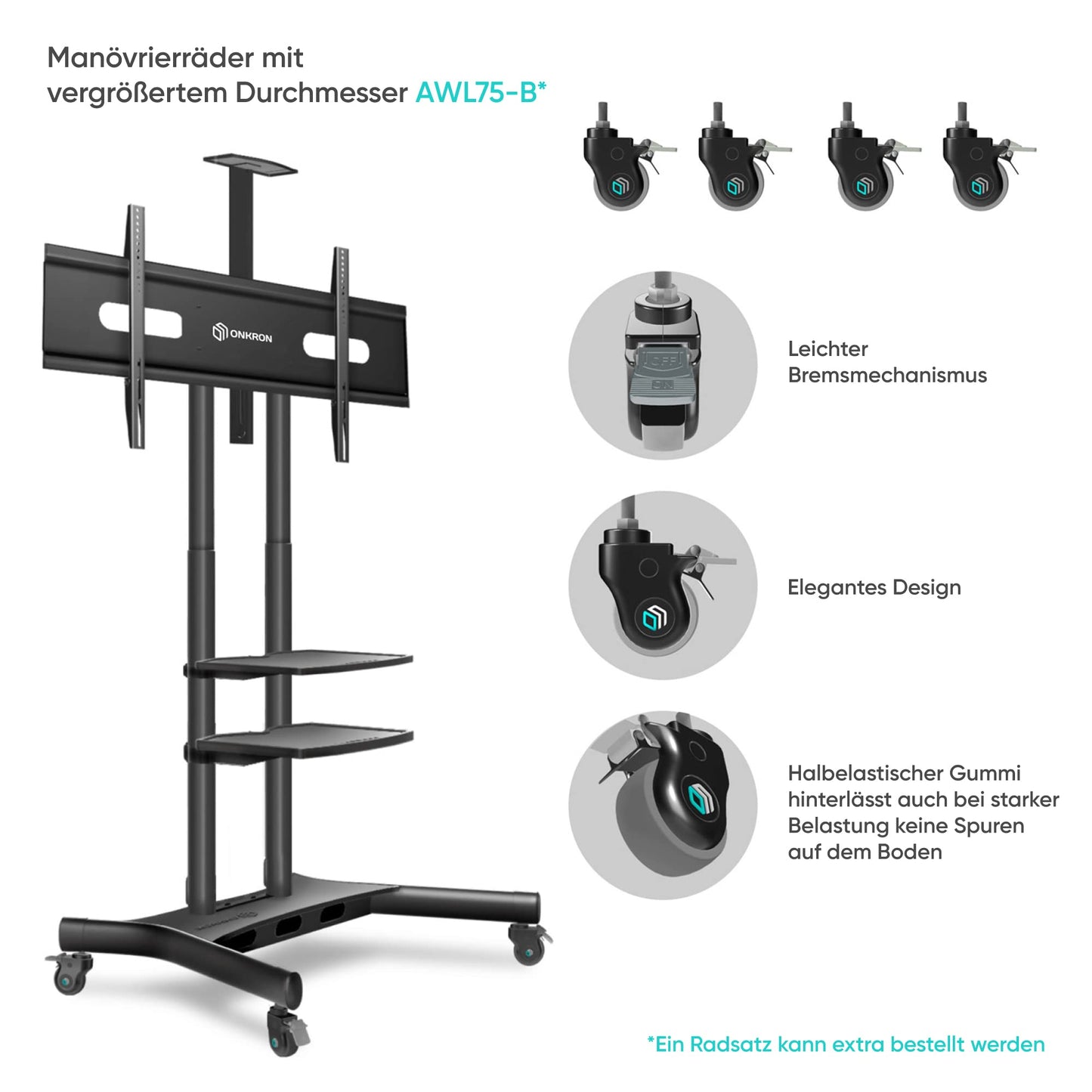 ONKRON Mobiler TV Ständer rollbar - TV Standfuss schwenkbar & höhenverstellbar für 50-86 Zoll LED Flach&Curved TV Standfuß VESA 800x500 bis zu 90.9 kg Schwarz