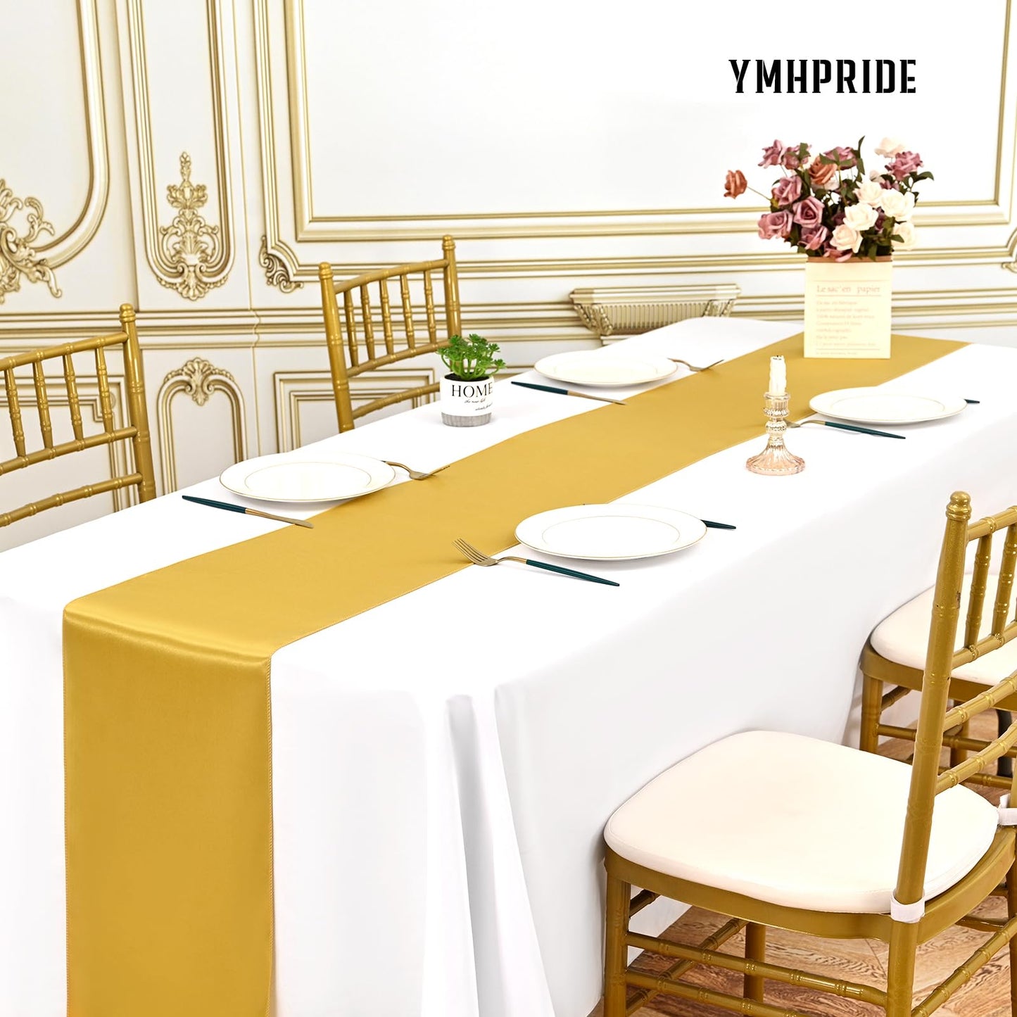 YMHPRIDE 6 Stück Tischläufer Gold, Satin-Tischläufer, 30 x 180 cm lang, Tischläufer aus Seide für Tischläufer Hochzeit, Party, Tischläufer Geburtstag, Bankett, Tischdekoration – Gold