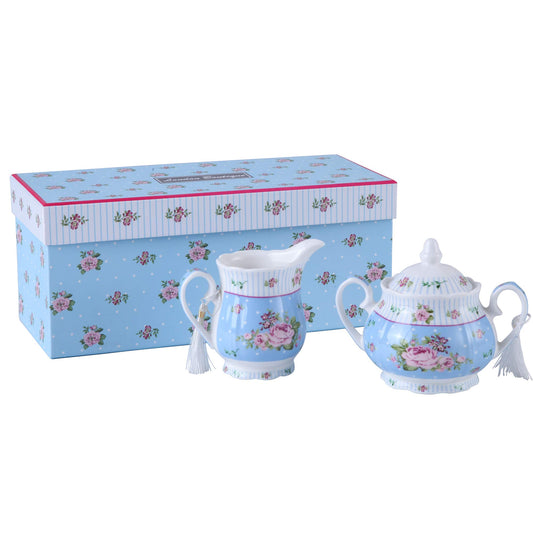 London Boutique Porzellan-Teekannen Set, Teekanne, Zuckerdose und Milchkännchen, Shabby-Chic-Stil, Vintage-Blumenmuster, in Geschenkbox,Zucker-Set (Creme- und Zucker-Set, Rosenblau)