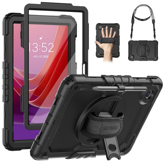 SEYMAC Hülle für Lenovo Tab M11 2024 (TB-330FU/TB-331FC), Stoßfeste für Lenovo Tab M11 Hülle mit Displayschutzfolie, 360° Drehbarer Ständer und Handschlaufe, Schultergurt, Stifthalter, Schwarz