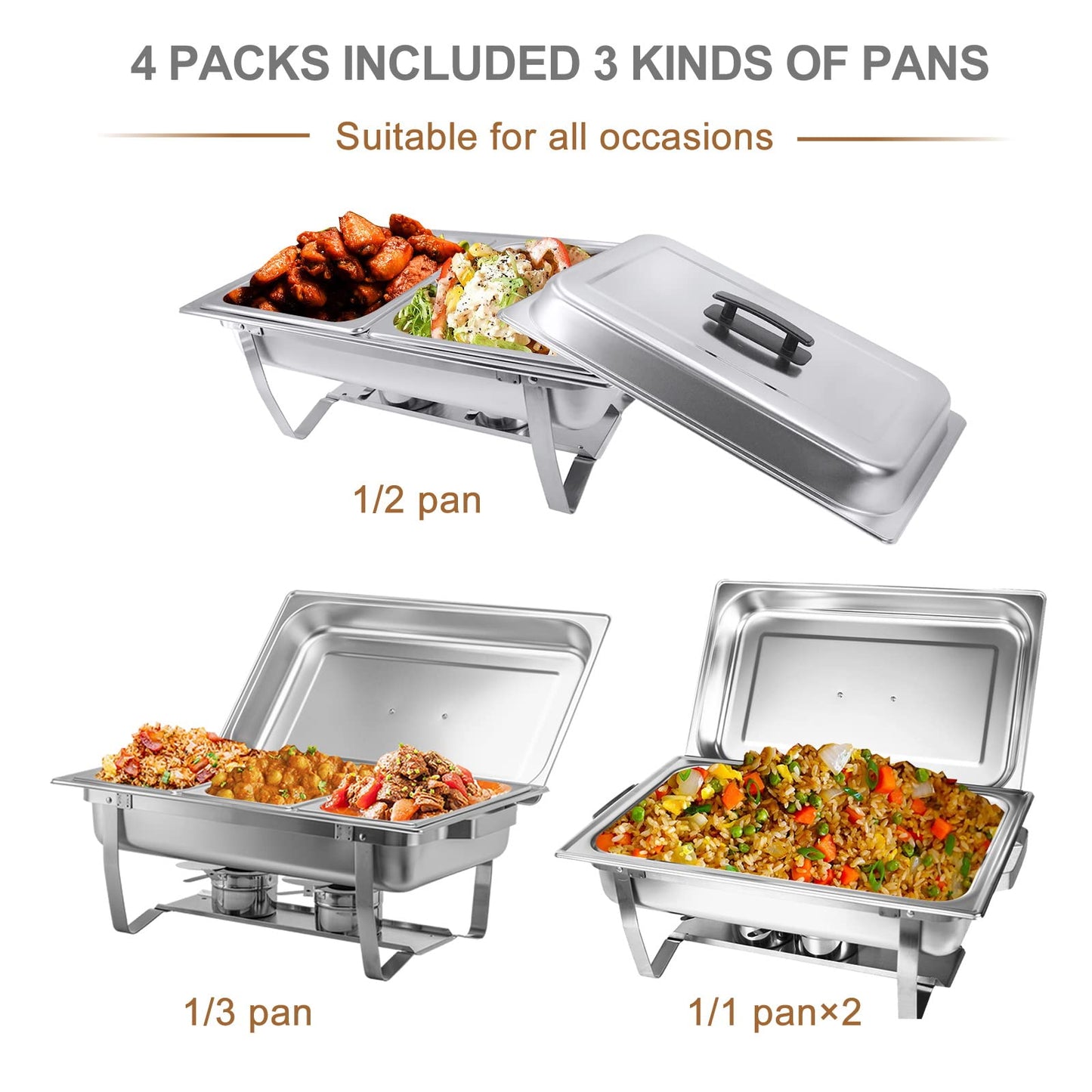 Valgus 4-Pack 9L Edelstahl Chafing Dish Set Buffet Suppenwärmer mit 2 volle Größe, 2 halbe Größe, 3 1/3 Größe Pfannen Food Warmer für Partys, Buffets, Hochzeit, Bankett, Catering Veranstaltungen