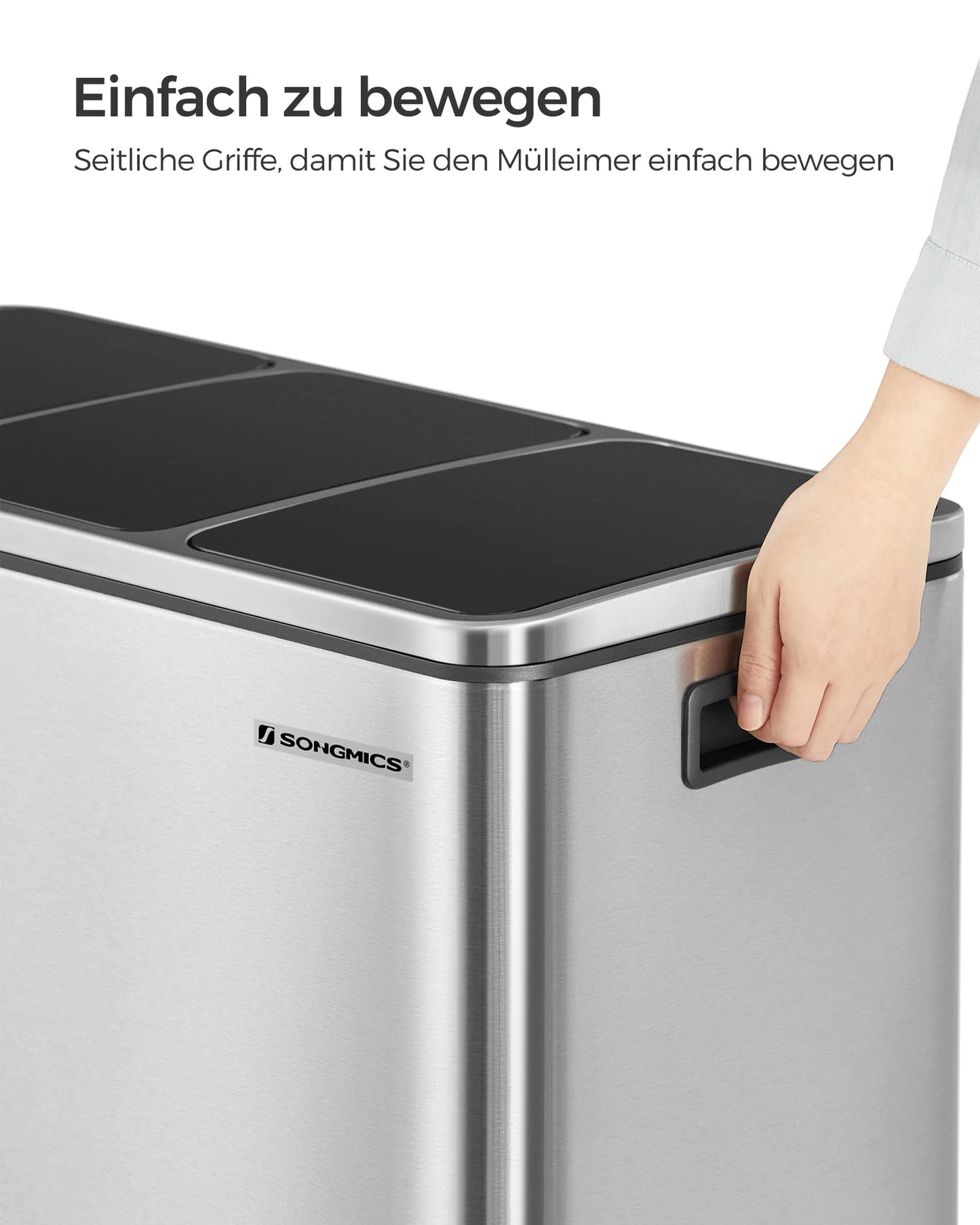 SONGMICS Mülleimer Küche, 3 x 18 L, Mülltrennsystem 3 Fächer, inklusive 15 Müllbeutel, Abfalleimer, Treteimer, für recycelbare Abfälle, Biomüll, mit Deckel, metallicsilber-tintenschwarz LTB54NL