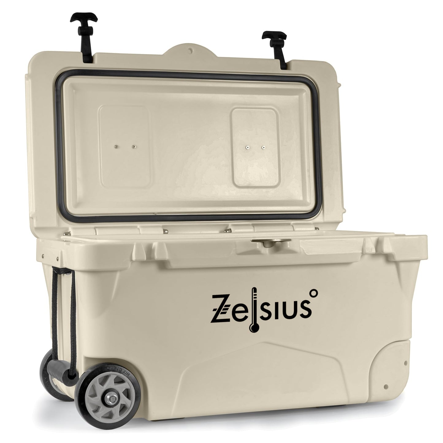 Zelsius Kühlbox 50 Liter mit Räder | Beige | Coolbox | Fahrbare Cooling Box ideal für Auto Camping Urlaub Angeln Freizeit Outdoor | Thermobox für Warm und Kalt