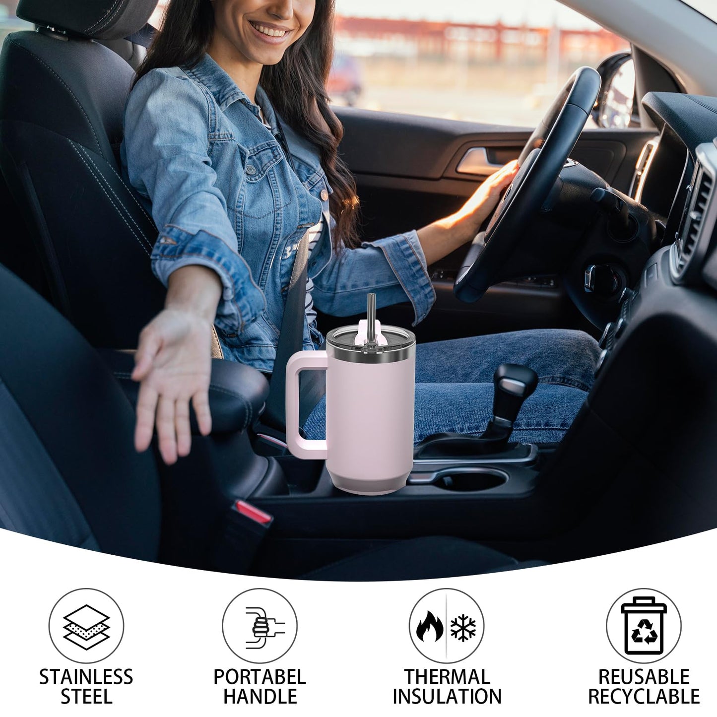 WATERSY 40oz Kaffeebecher to Go Thermobecher Doppelwandiger Edelstahl Vakuum Auslaufsicher Trinkbecher mit Griff und Strohhalm Thermo Tumbler Rosenpulver
