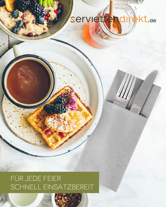 Mank Besteckservietten aus Softpoint, Pub Servietten Tasche Besteck Bestecktaschen, 40x33 cm 1/8 Falz, mit Besteckschlitz für Gastronomie und Feiern, 50 Stück | (Grau)