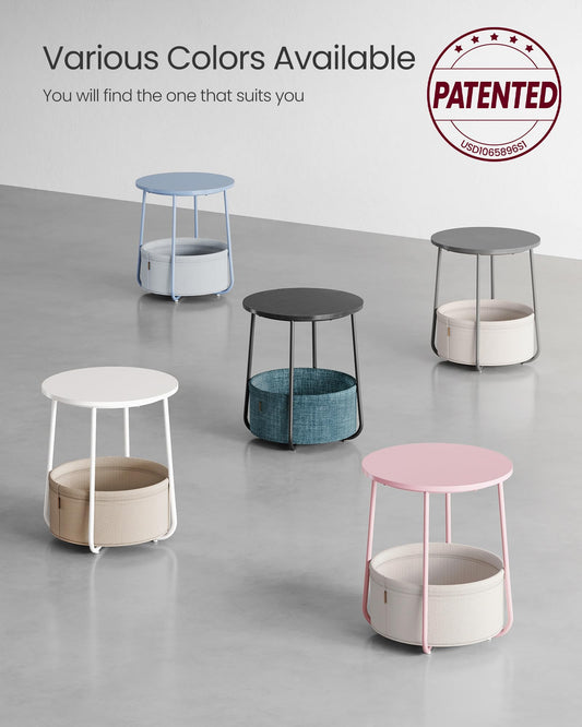 VASAGLE Runder Beistelltisch, Zementgrau/Cremeweiß, Nachttisch mit Stoffkorb, Kompakter Wohnzimmertisch im Modernen Design